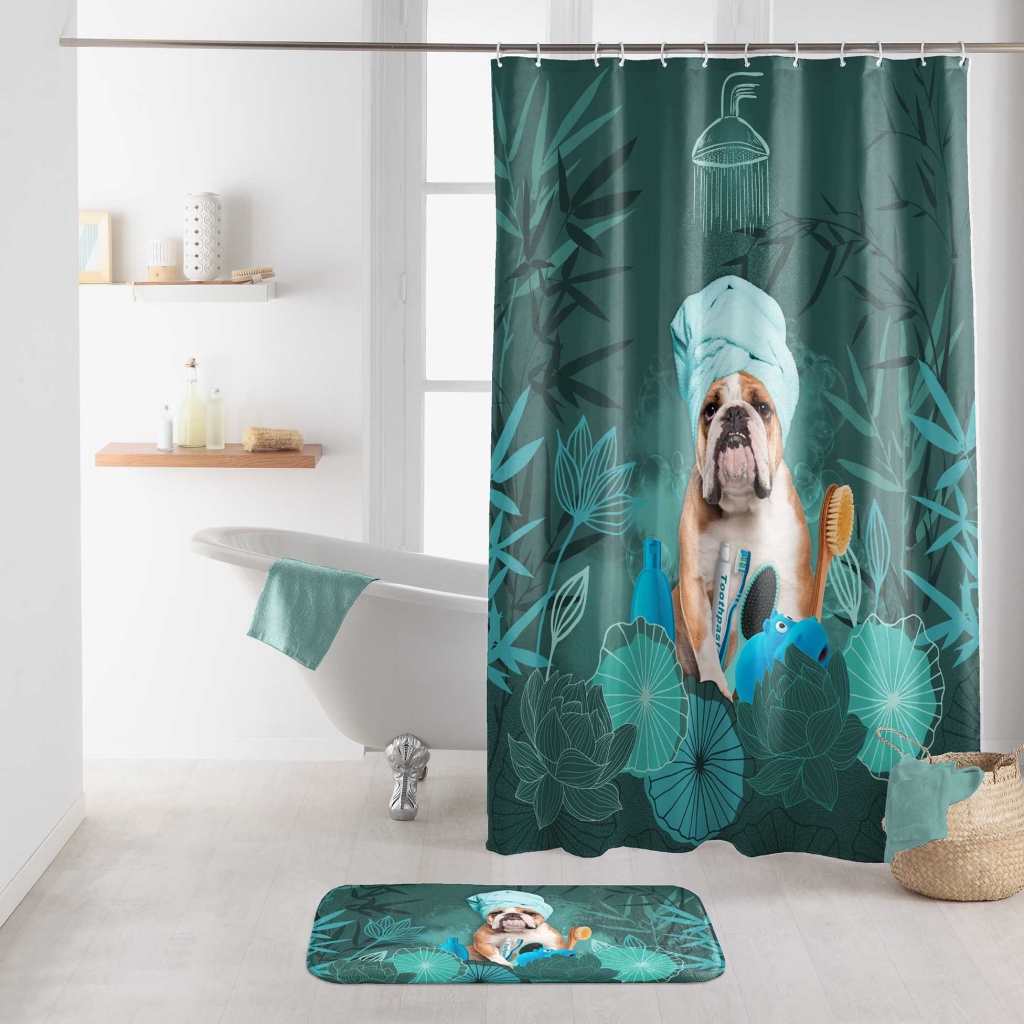RIDEAU DE DOUCHE AVEC CROCHETS 180 x 200 CM POLYESTER IMP. DOGGY ZEN DES. PLACE