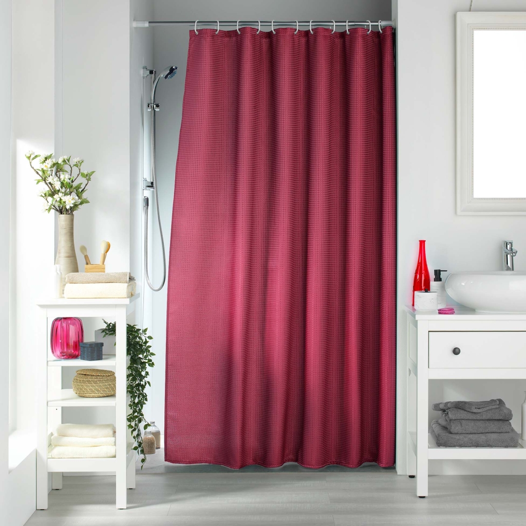 RIDEAU DE DOUCHE AVEC CROCHETS 180 x 200 CM JACQUARD UNI QUARTZ FRAMBOISE
