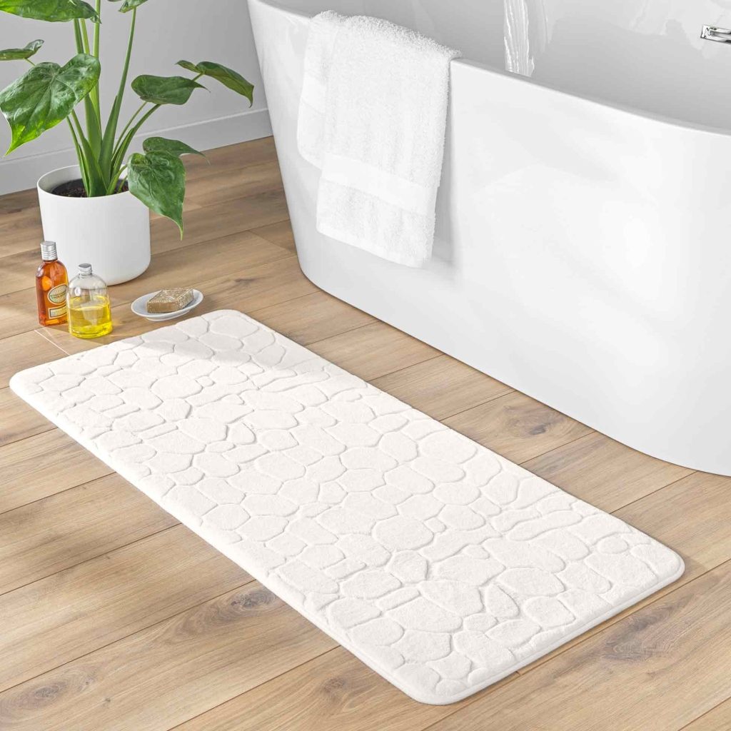 Tapis de Bain 50 x 120 cm – Microfibre Unie Relief Ricochet – Ultra Doux & Absorbant Blanc