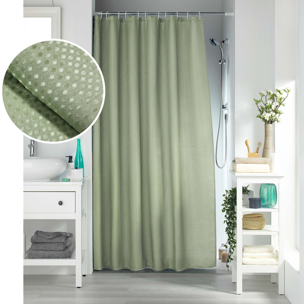 RIDEAU DE DOUCHE AVEC CROCHETS 180 x 200 CM JACQUARD UNI QUARTZ SAUGE