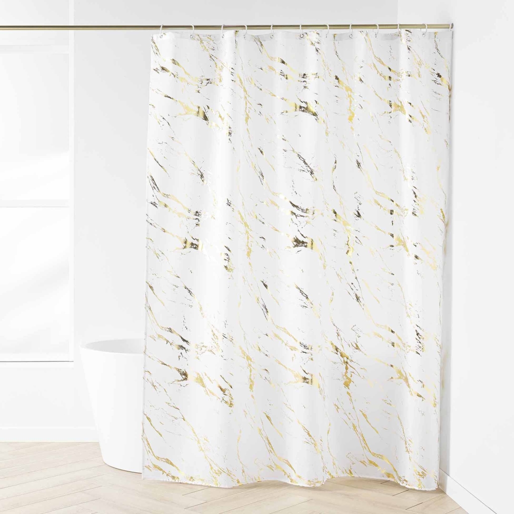 RIDEAU DE DOUCHE+CROCHETS 180 x 200 CM POLYESTER IMP. METAL. AQUAMARBRE BLANC/OR