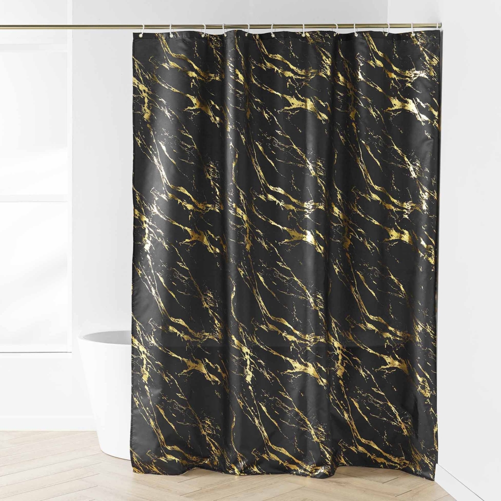 RIDEAU DE DOUCHE+CROCHETS 180 x 200 CM POLYESTER IMP. METAL. AQUAMARBRE NOIR/OR