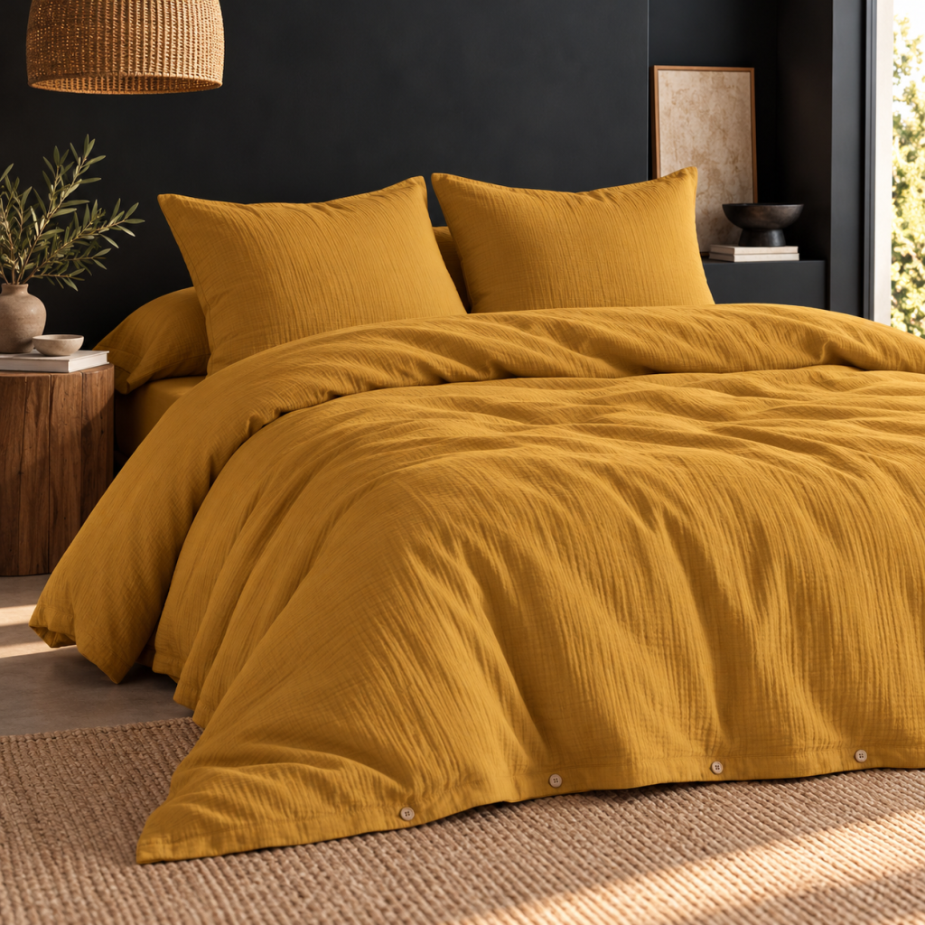Parure de lit 240 x 220 cm + 2 taies 60 x 60 cm double gaze de coton GAÏA Safran