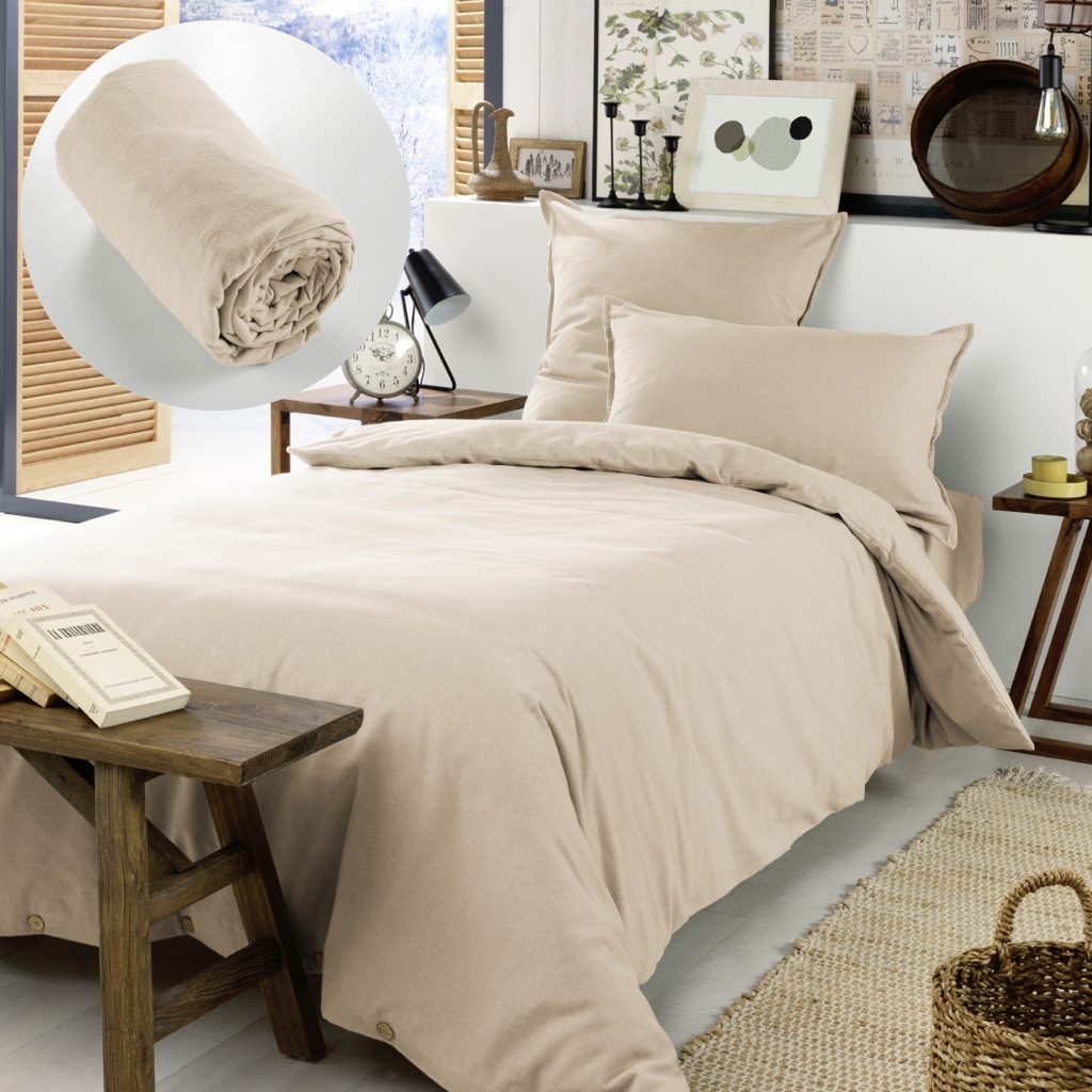 Pack Housse de couette chaude en flanelle 140 x 200 cm + drap housse 90x190 Candice Beige