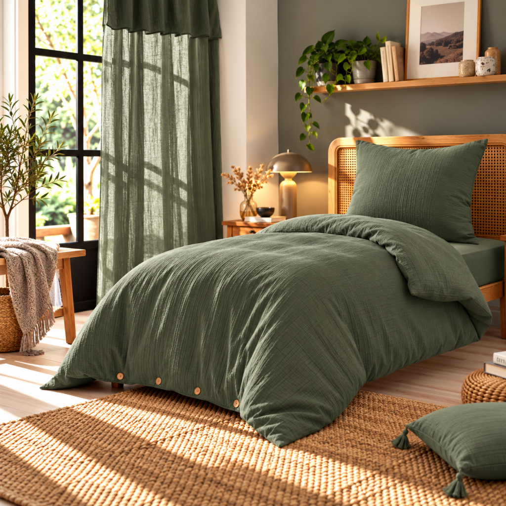 Parure de lit 140 x 200 cm + drap housse 90 x 190 cm + 1 taie 60 x 60 cm double gaze de coton Romarin
