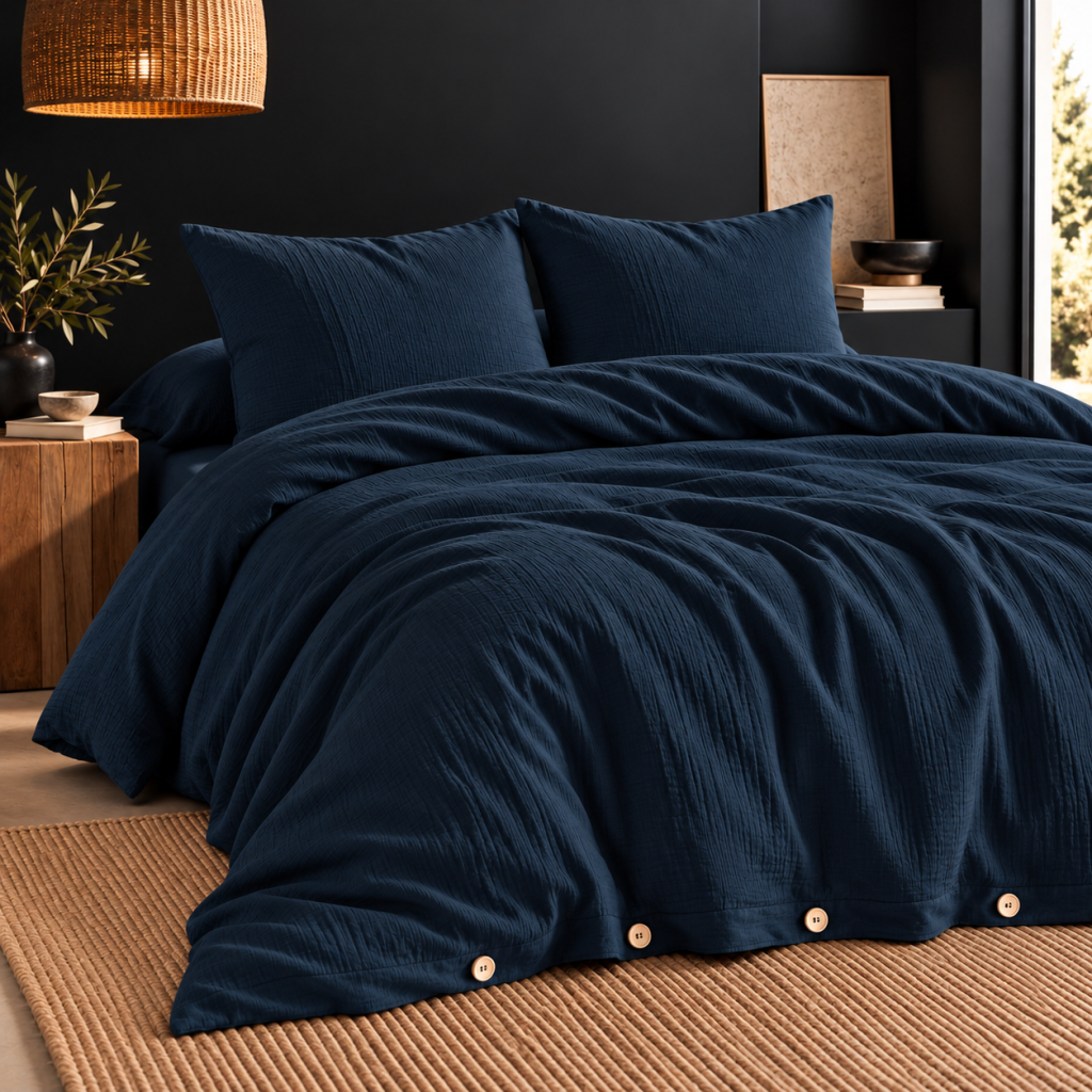 Parure de lit 240 x 220 cm + 2 taies 60 x 60 cm double gaze de coton GAÏA Minuit