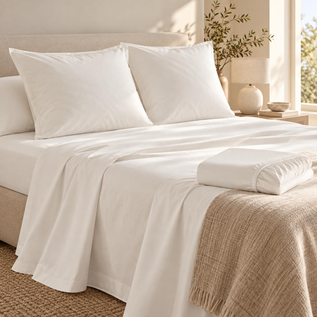 Ensemble literie 4 pièces – Drap plat 240 x 300 cm + drap housse 140x190 cm + 2 taies 63x63 cm – Percale 78 fils – Blanc