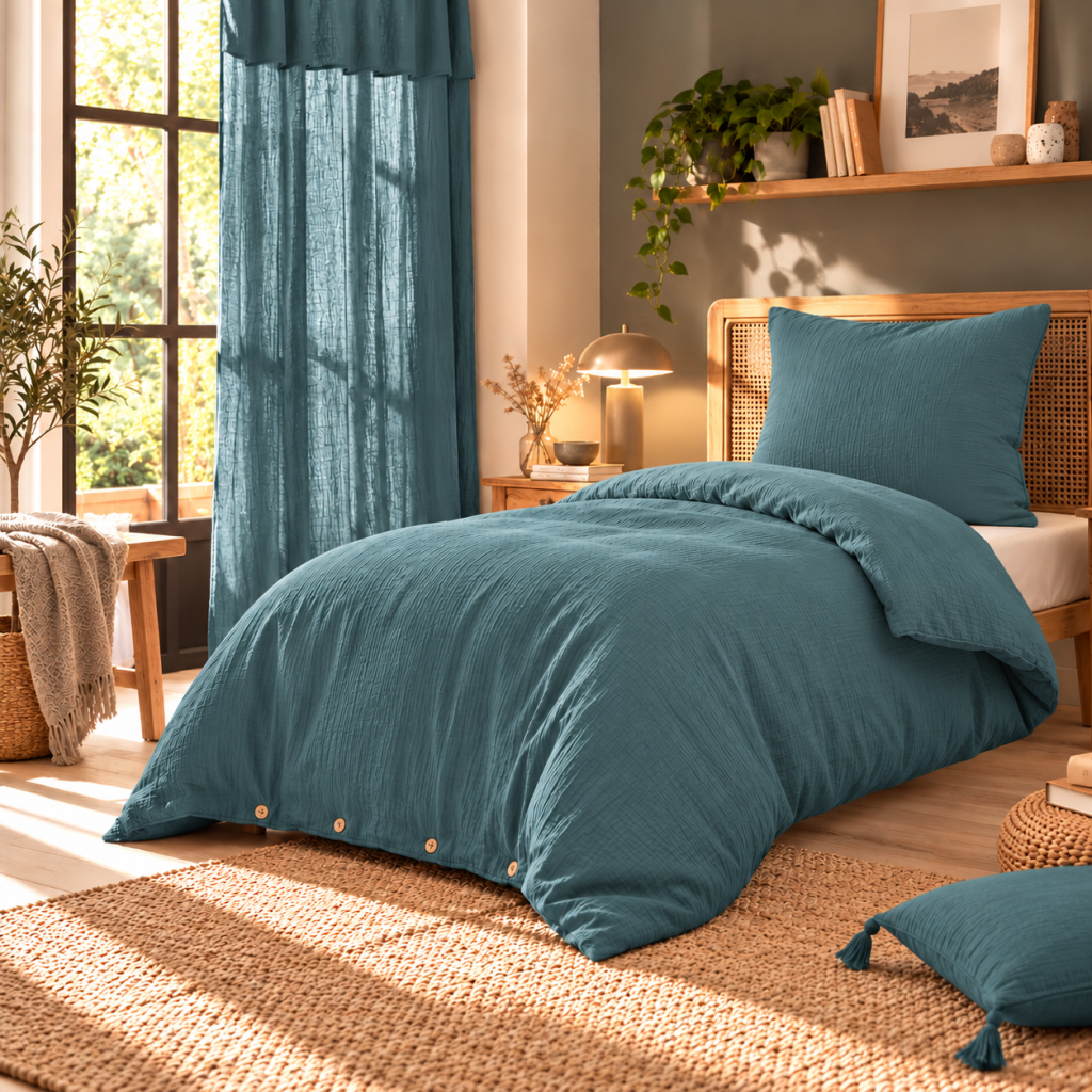 Parure de lit 140 x 200 cm + drap housse 90 x 190 cm + 1 taie 60 x 60 cm double gaze de coton Bleu canard