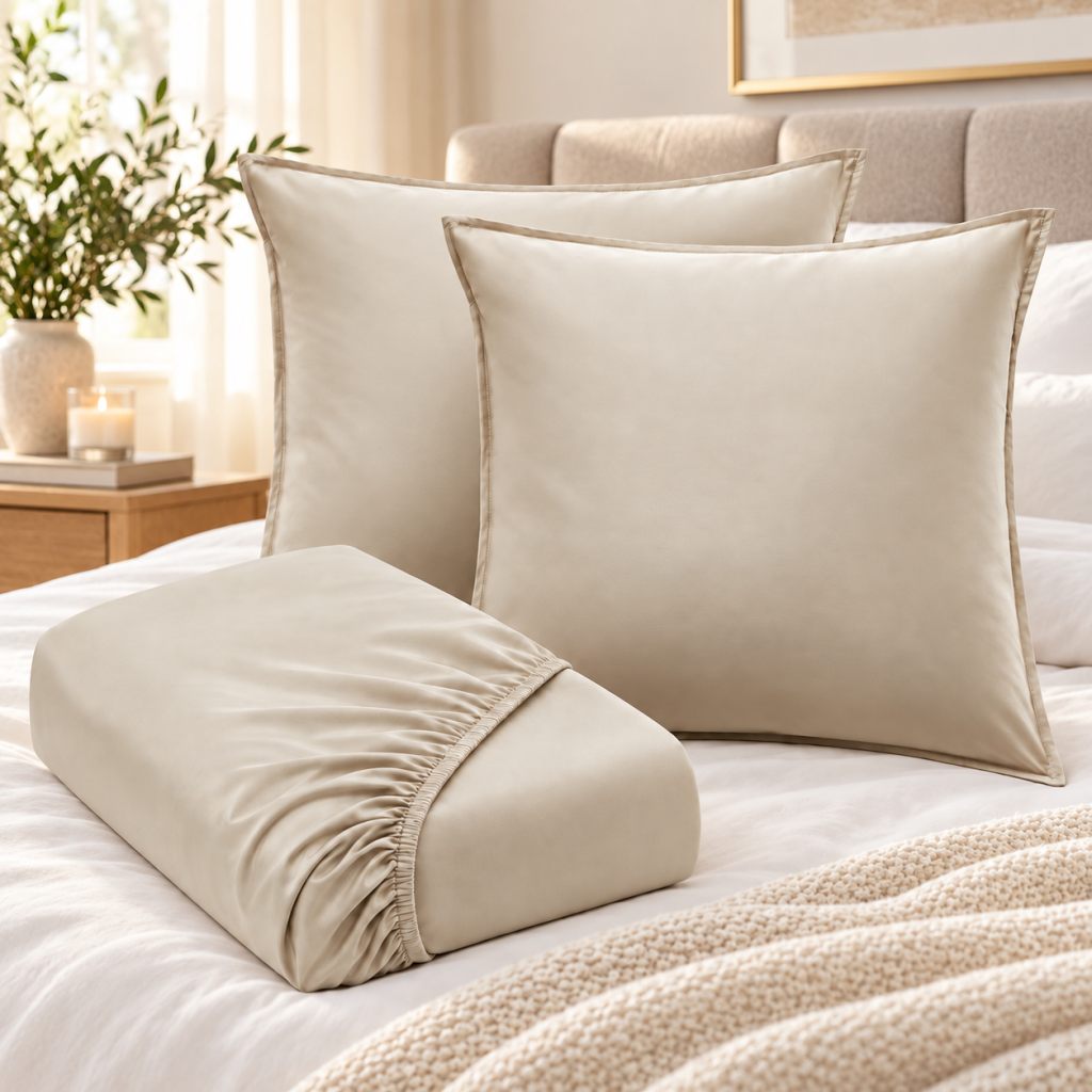 Ensembe drap housse 140 x 190 cEnsemble de lit drap housse 140 x 190 cm Satin de bambou 120 fils SALOMÉ Pampa 2 taies 60 x 60 cmm + 2 taies 60 x 60 cm en bambou de satin Salomé Naturel