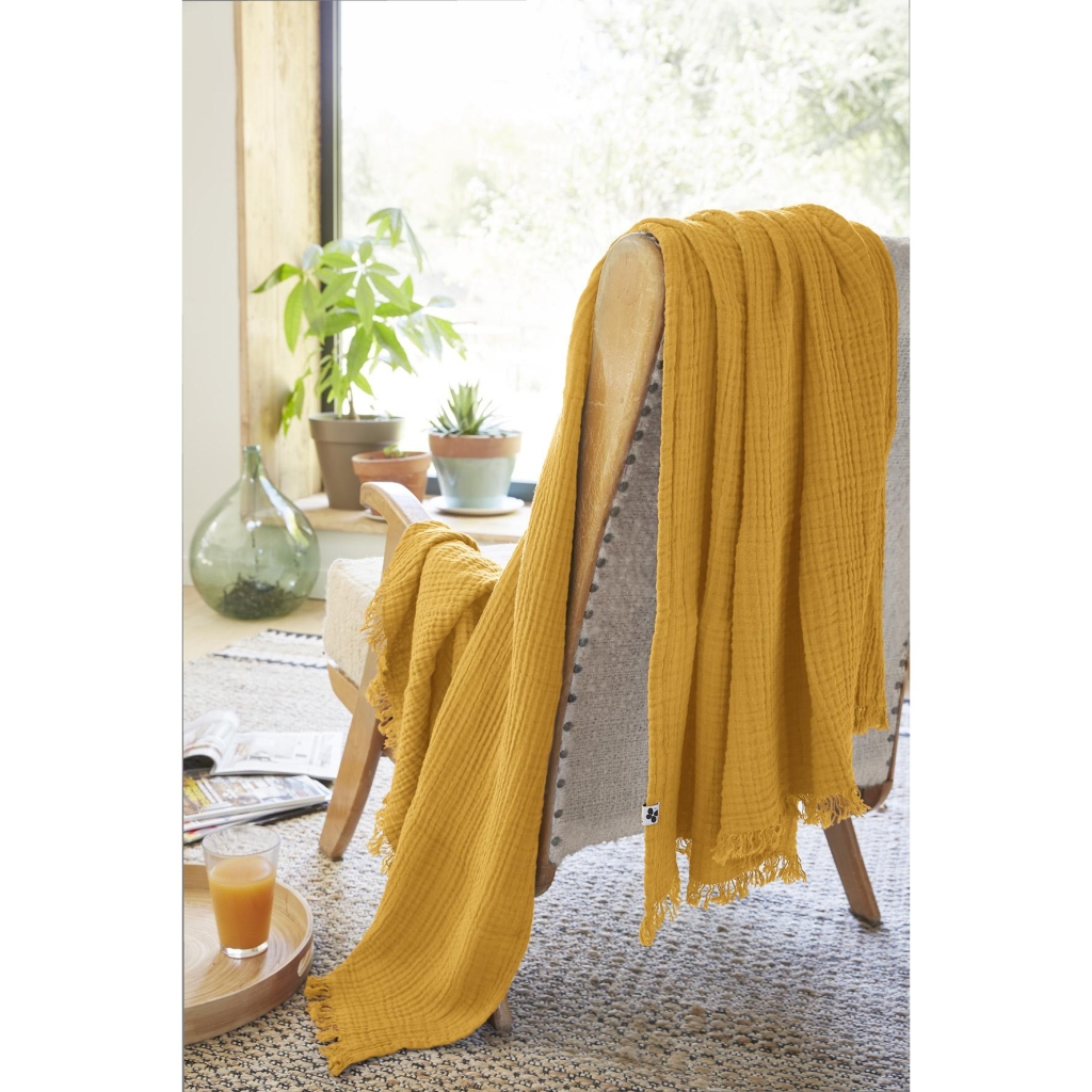 Plaid à franges 130 x 160 cm – Double Gaze de Coton – GAÏA Safran
