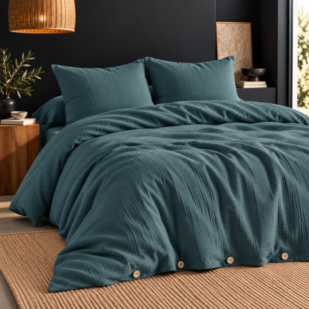 Parure de lit 240 x 220 cm double gaze de coton + 2 taies d’oreiller 60 x 60 Canard