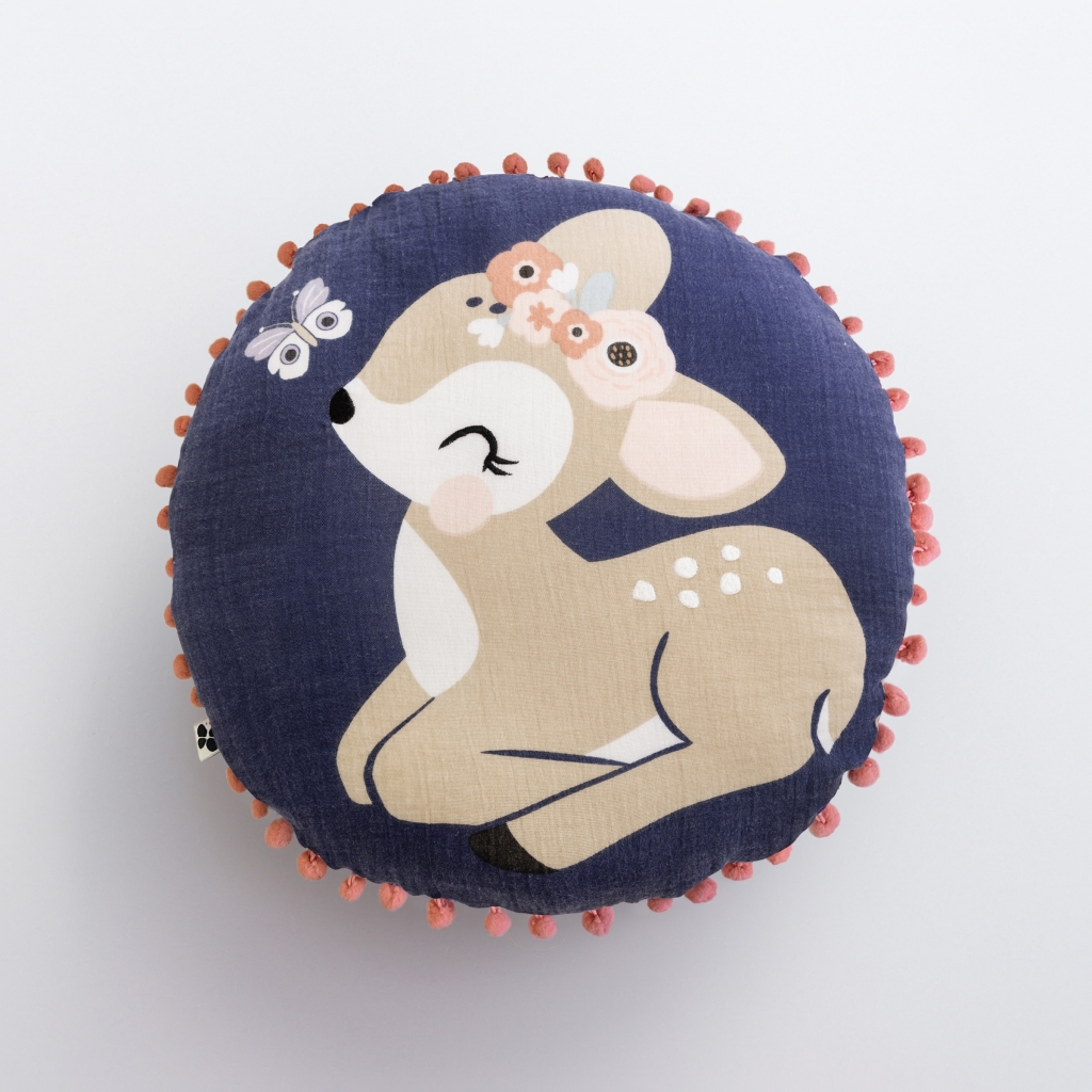 Coussin déhoussable rond Ø 40 cm – Gaze de Coton Imprimée – Forêt Enchantée avec Pompons