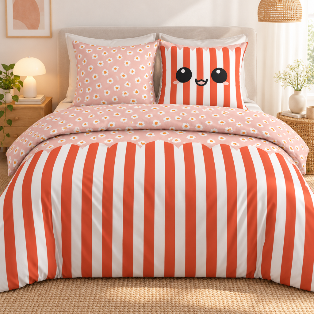 Housse de CouParure de lit réParure de lit réversible FRESH POPCORN 200 x 200 cm + 2 taies 100% coton 57 filsversible FRESH POPCORN 200 x 200 cm + 2 taies 100% coton 57 filsette 200 x 200 cm + 2 Taies d’Oreiller – Coton 57 fils – FRESH POPCORN