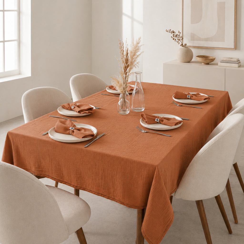 Nappe rectangle 150 x 250 cm + 6 serviettes de table – Double gaze de coton GAÏA Abricot