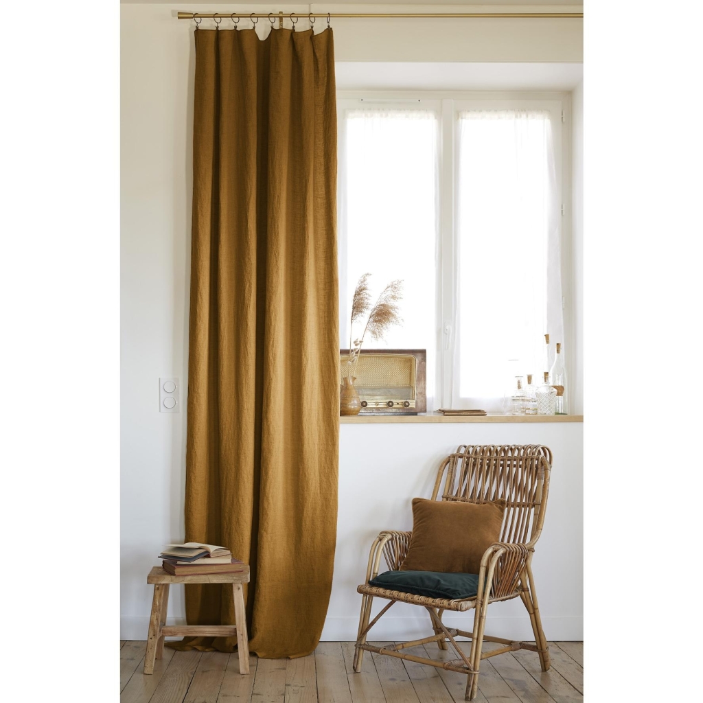 Rideau Ajustable + 8 Anneaux Pince – Lin Lavé Français Luxe Soline – 140 x 270 cm – Caramel