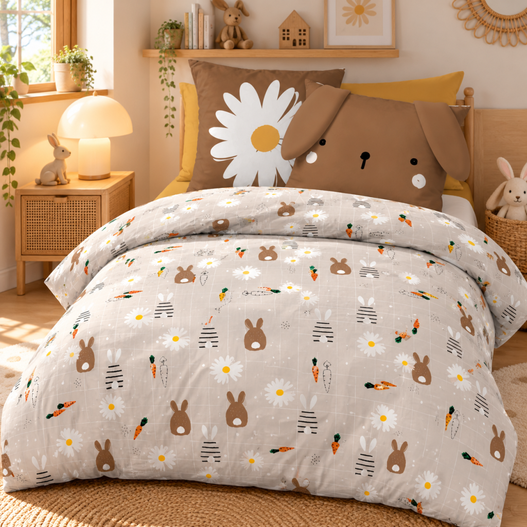 Parure de lit réversible POMPON 140 x 200 cm + 1 taie – 100% coton – 57 fils