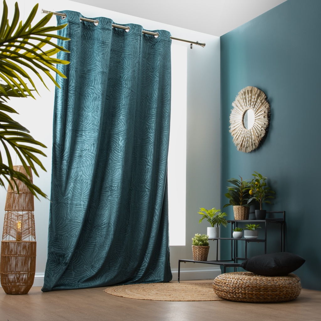 Lot de 4 Rideaux Occultants à Œillets - 140 x 240 cm - Velours relief Pétrole