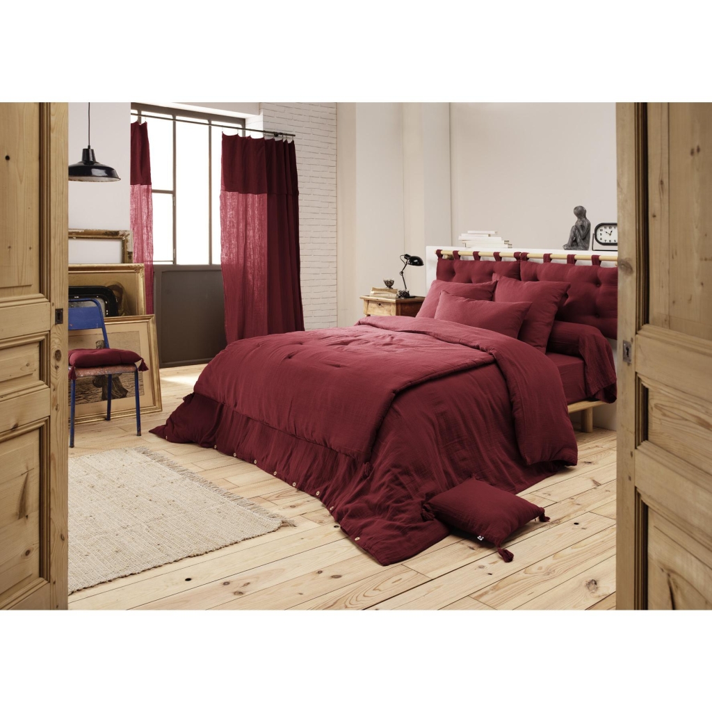 Pack gaze de coton parure de couette 220x240 cm + drap housse 140x190 + 2 taies 60x60 Bordeaux