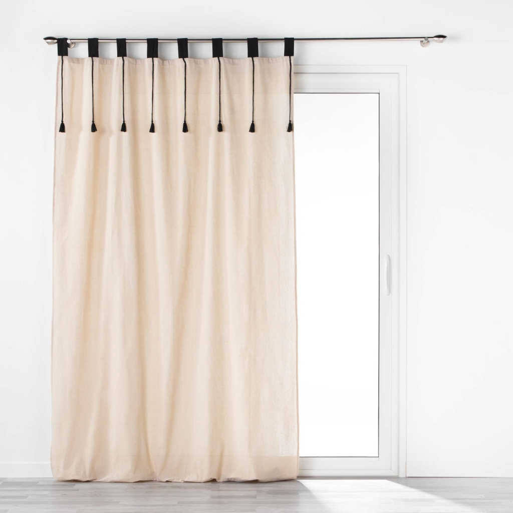 Rideau à passants 140 x 240 cm en polycoton avec pompons – Filine Naturel