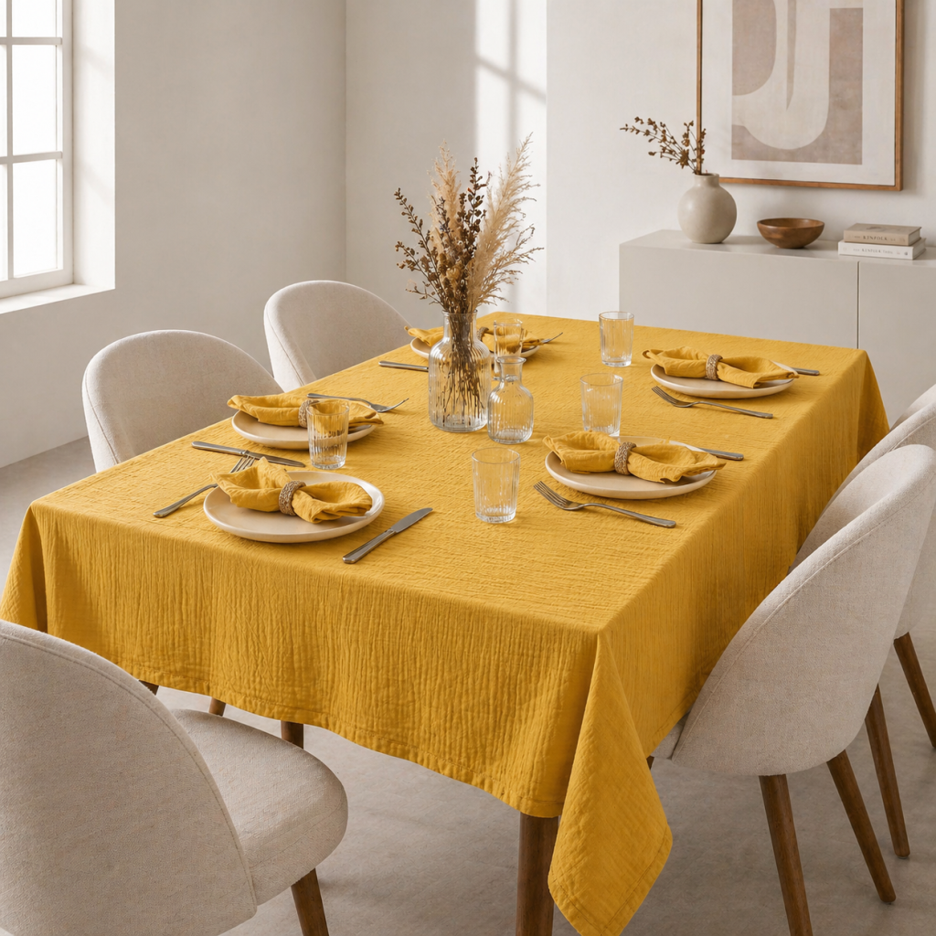 Nappe rectangle 150 x 250 cm + 6 serviettes de table – Double gaze de coton GAÏA Safran