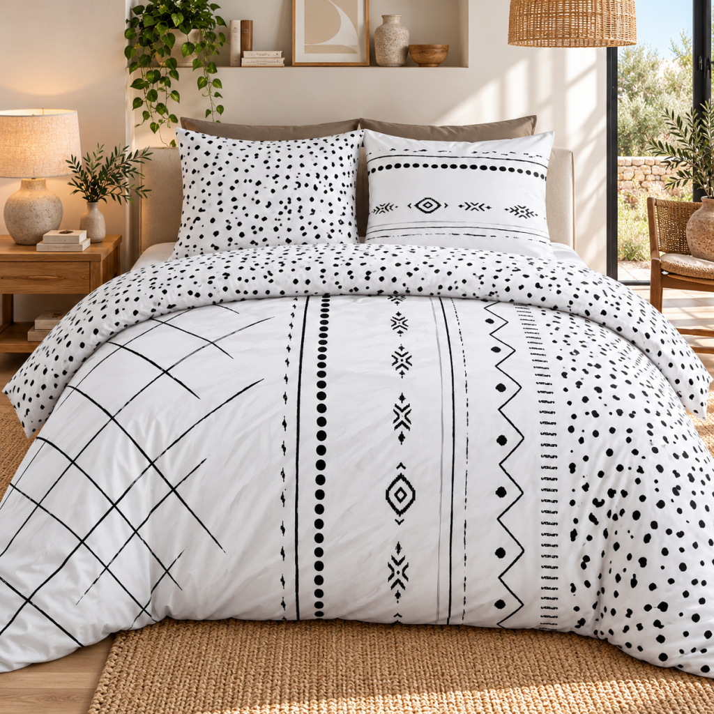 Parure de lit réversible IKAT 240 x 220 cm + 2 taies 100% coton 57 fils