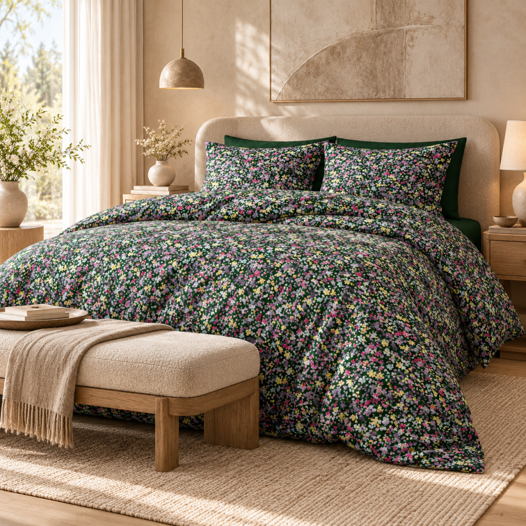 Parure de lit réversible MYOSOTIS 260 x 240 cm + 2 taies 100% coton 57 fils