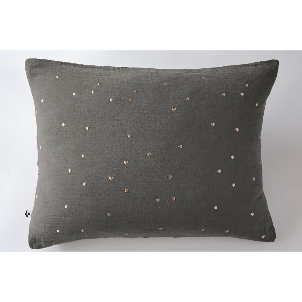 Taie d'oreiller gaze de coton brodée fil or 50 x 70 cm Gaia Chic Anthracite