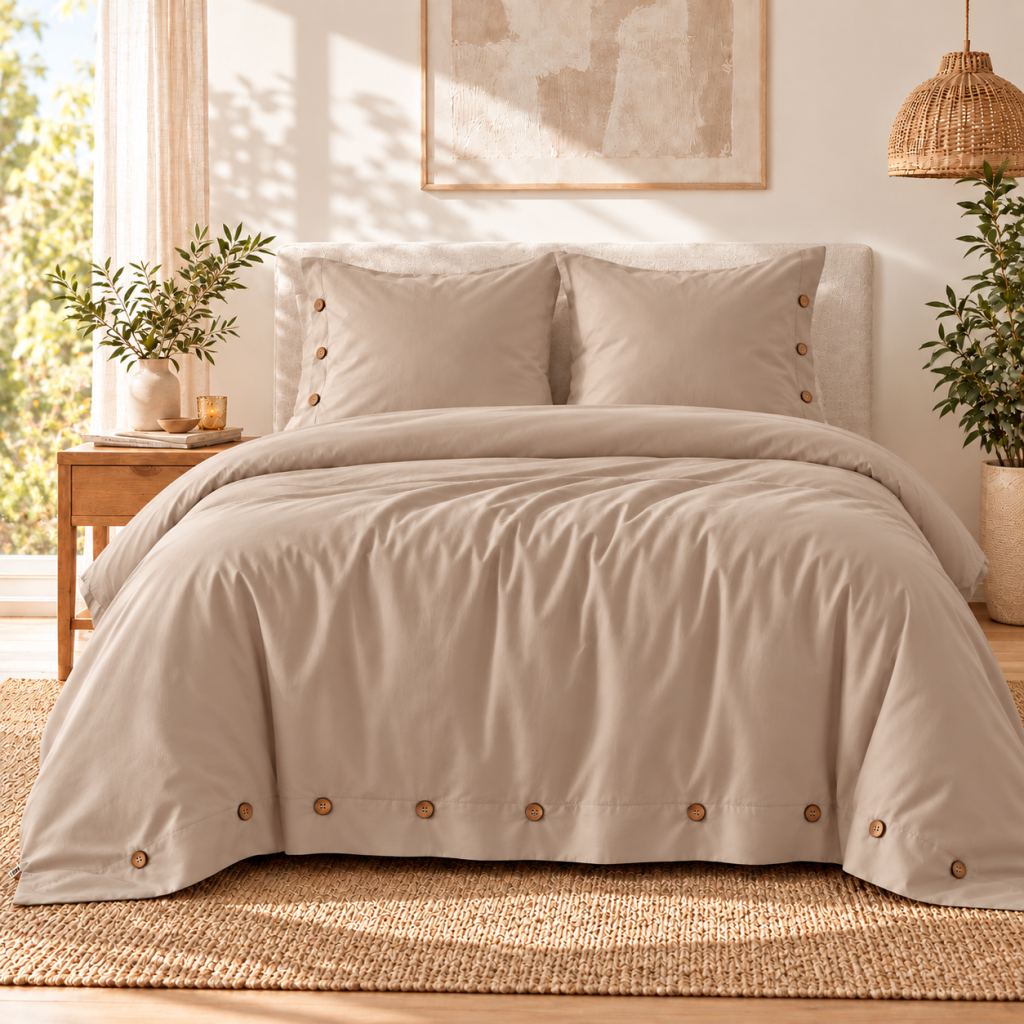 Housse de couette 240 x 220 cm + 2 taies 65 x 65 cm 100% percale de coton 120 fils PERRINE – Ficelle