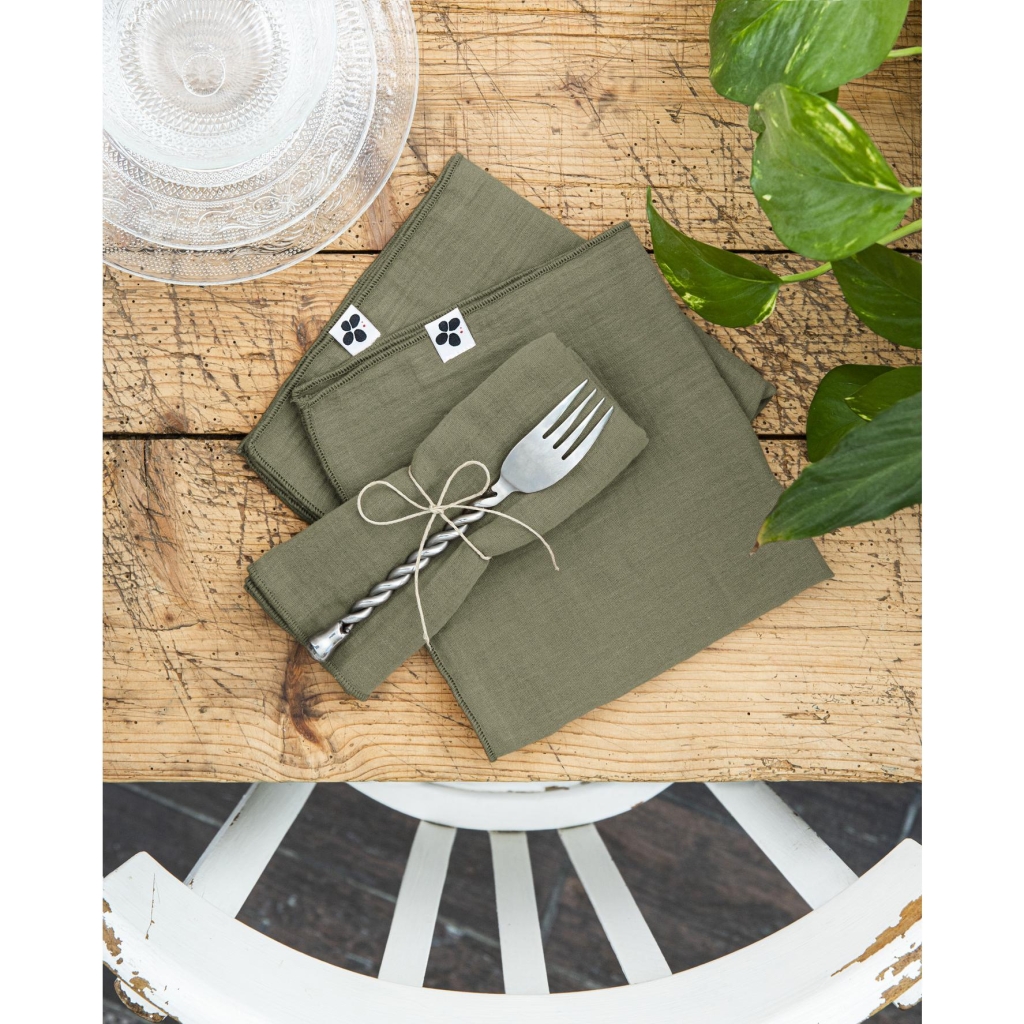 Lot de 3 Serviettes 40 x 40 cm – Double Gaze de Coton – Gaïa Romarin