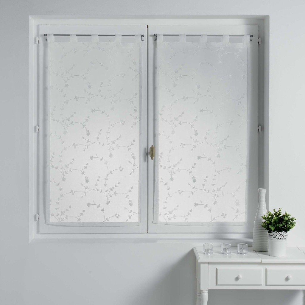 Paire droite passants 2 x 60 x 160 cm voile sable brode petite fleur Blanc/Blanc