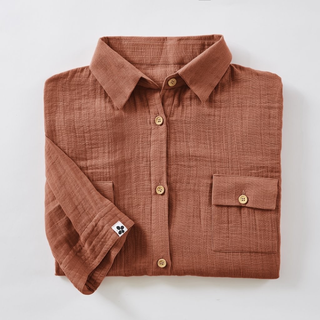Tunique chemise femme double gaze de coton GAÏA – 100% coton – boutons coco – taille S/M - Terracotta