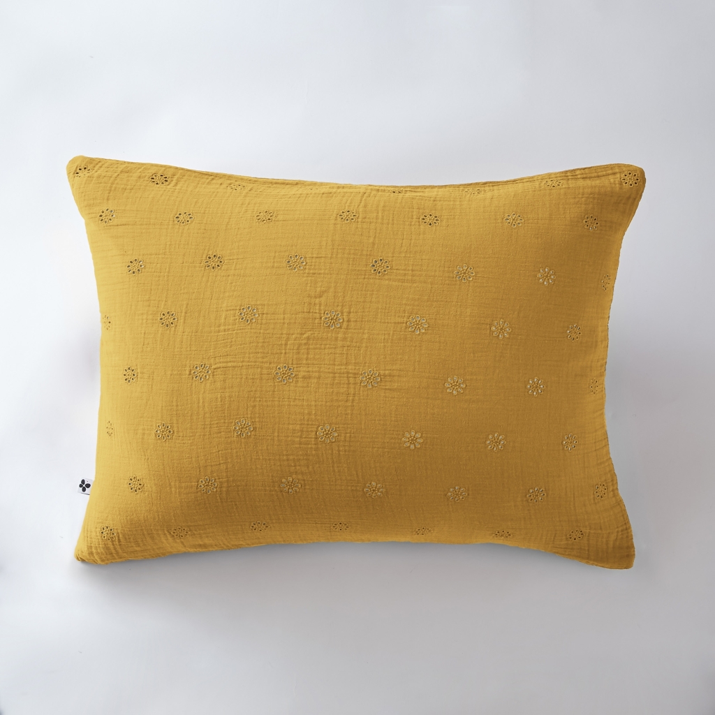 Taie d'oreiller brodée en gaze de coton 50 x 70 cm Gaïa Boho Jaune