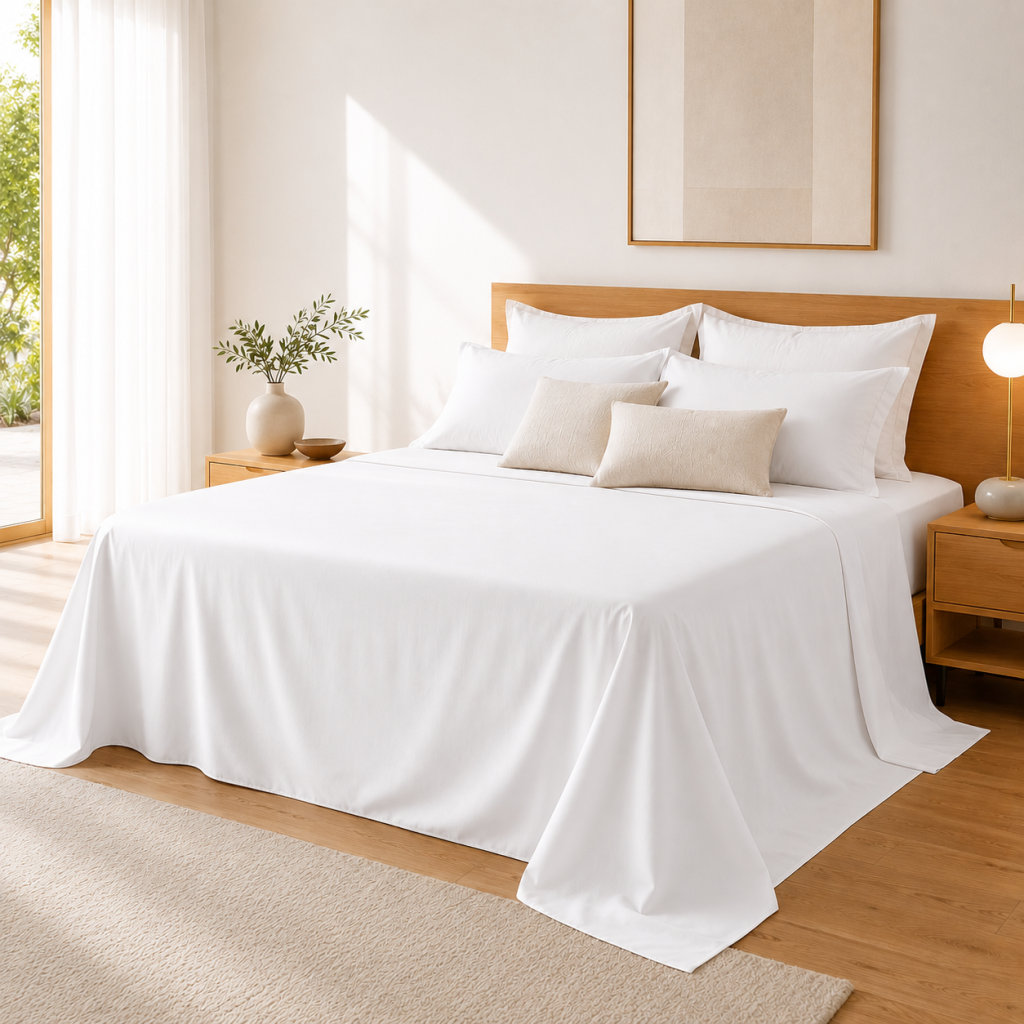 Drap Plat 240 x 300 cm Blanc Satin de Coton Peigné 120 Fils/cm² - Qualité Hôtelière Premium