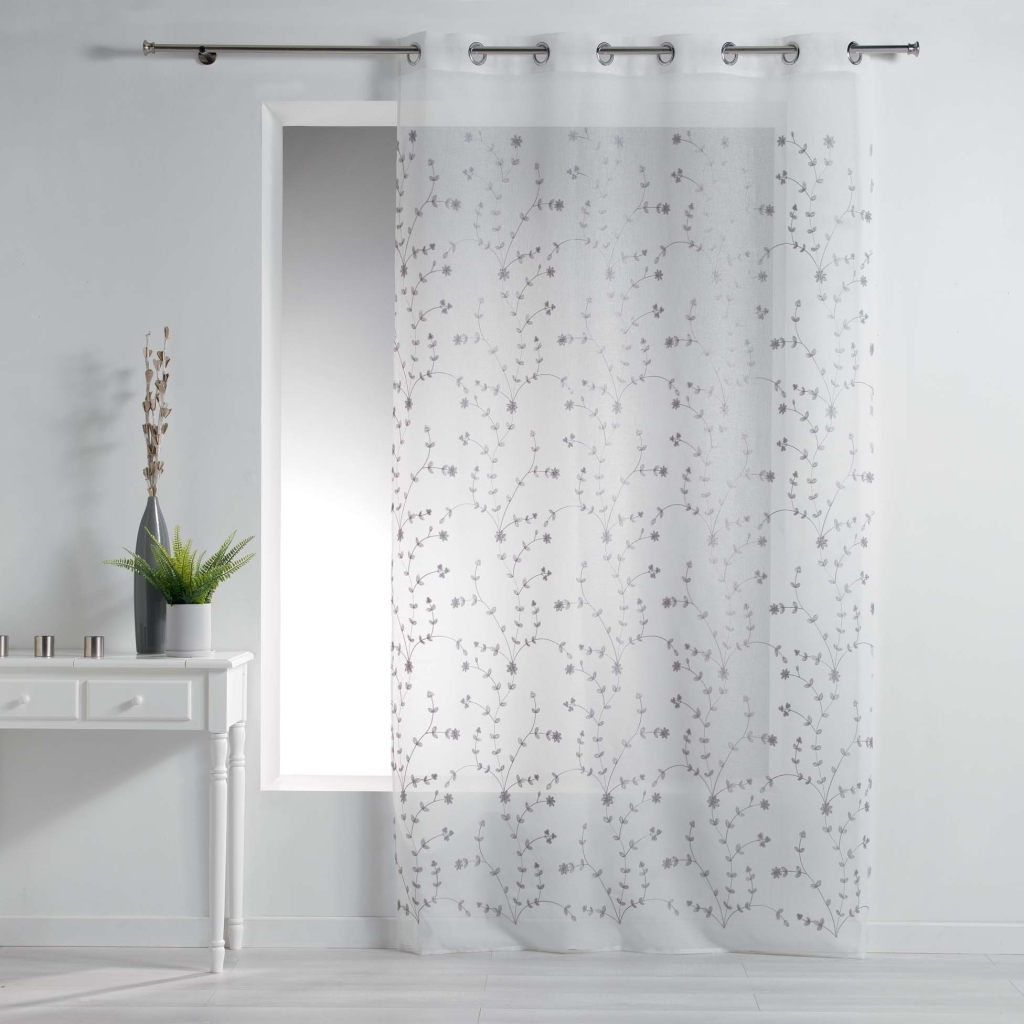 Panneau a oeillets 140 x 240 cm voile sable brode petite fleur Blanc/Gris