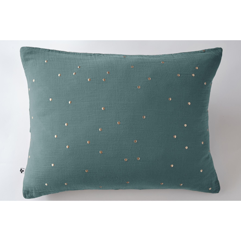 Taie d’Oreiller 50 x 70 cm – Gaze de Coton Brodée Fil Or – Gaïa Chic Bleu canard