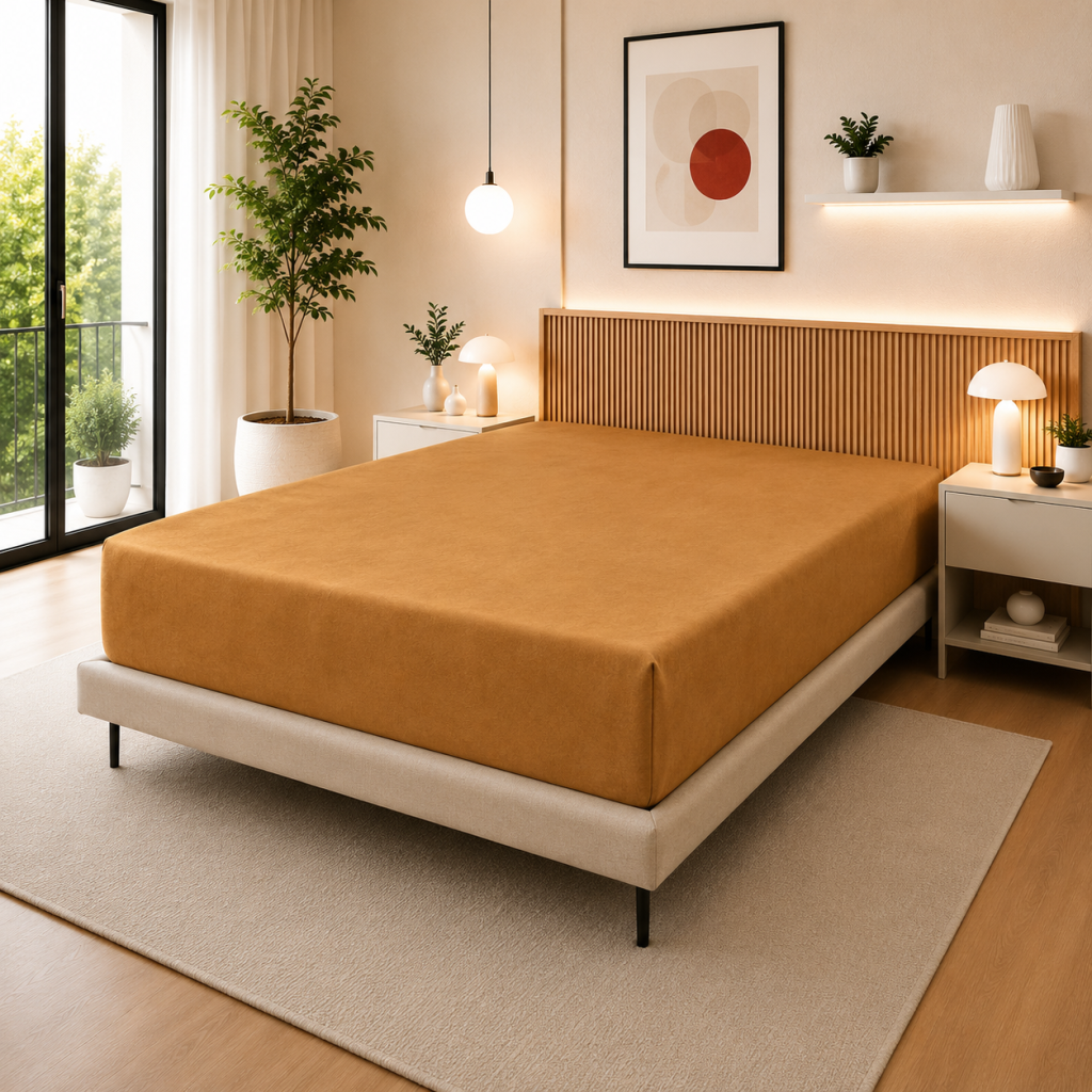 Drap Housse 140 x 190 cm Miel – 100% Coton 57 Fils/cm² – Bonnet 30 cm