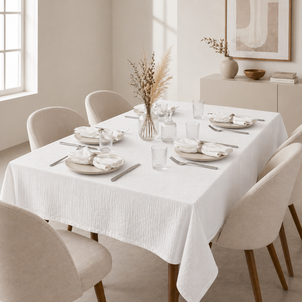 Nappe rectangle 150 x 250 cm + 6 serviettes de table – Double gaze de coton GAÏA Blanc