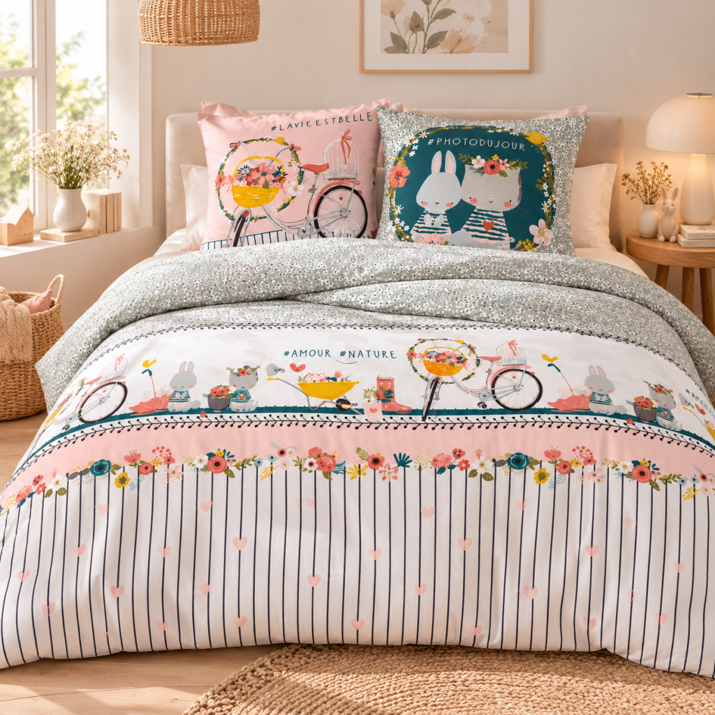 Parure de lit 200 x 200 cm + 2 taies réversibles 100% coton JARDINAGE