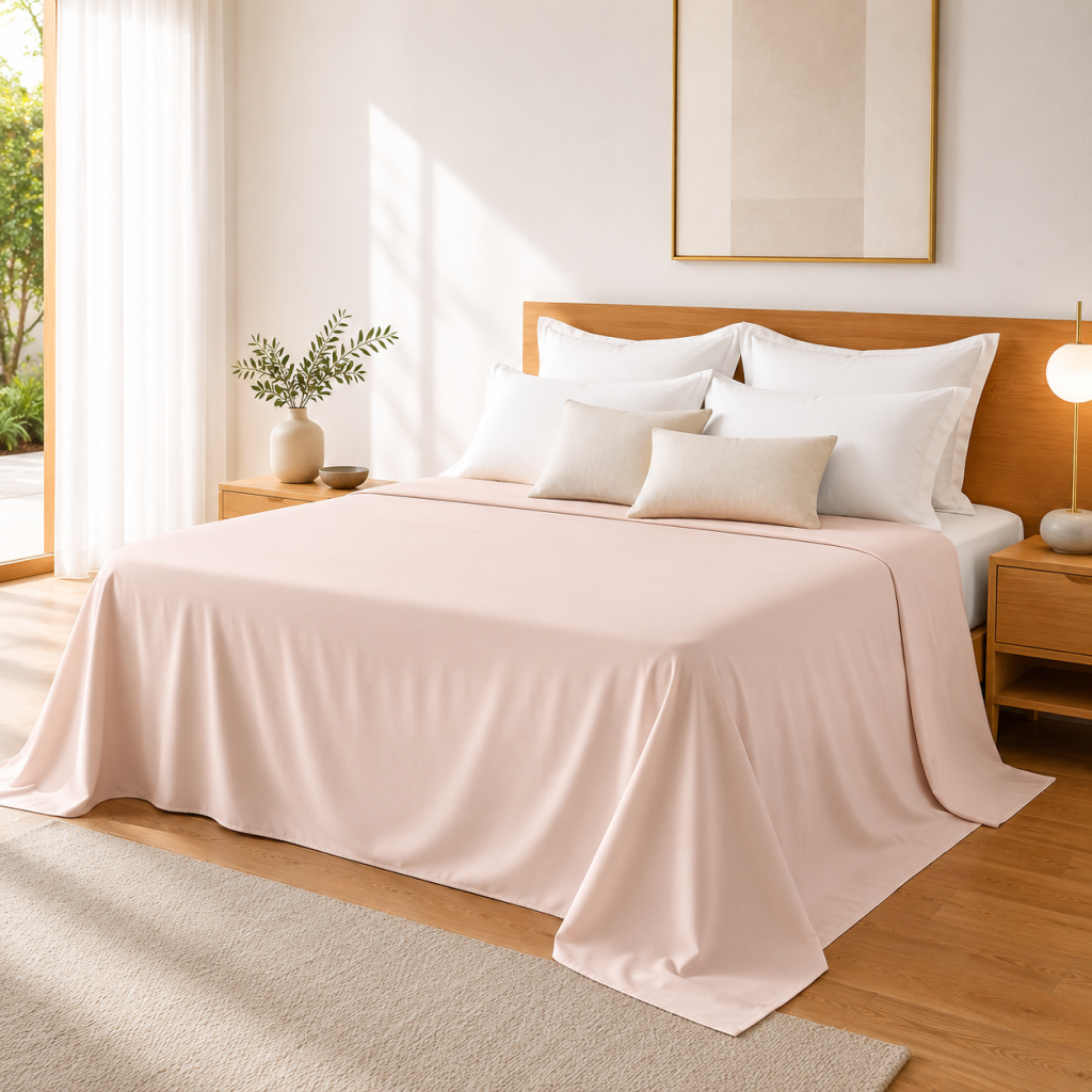 Drap Plat 240 x 300 cm Rose blush Satin de Coton Peigné 120 Fils/cm² - Qualité Hôtelière Premium