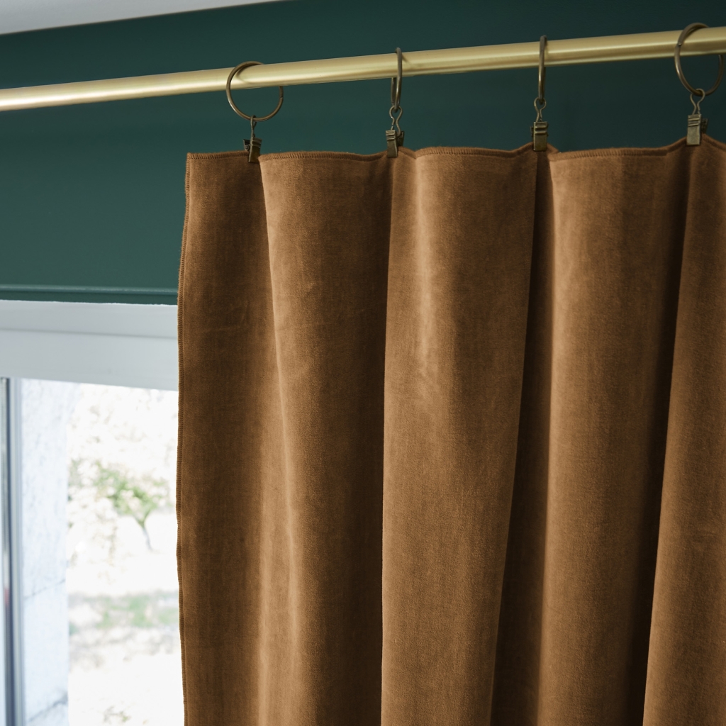 Rideau Ajustable + 8 Anneaux Pince – Velours de Coton César – 140 x 270 cm - Camel