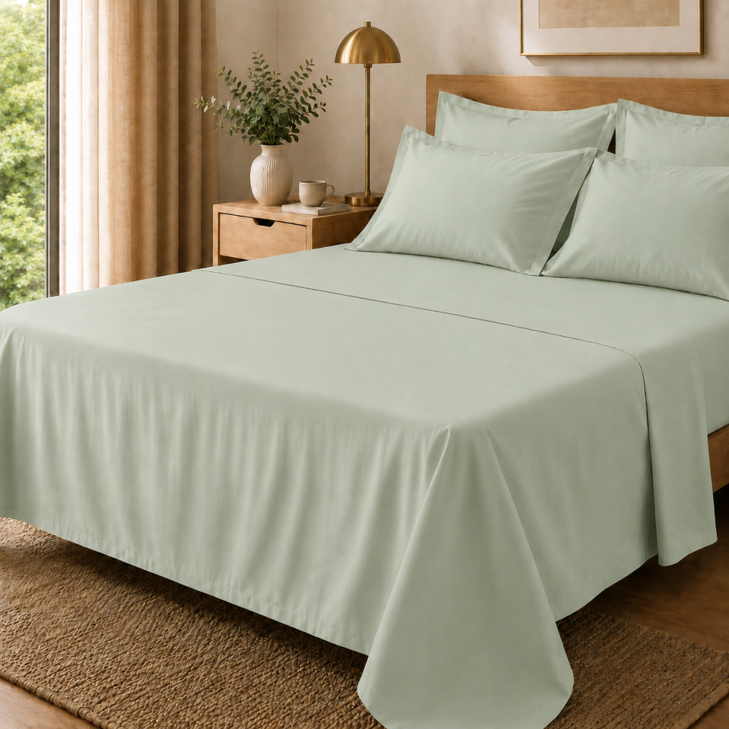 Drap Plat Percale 240 x 300 cm – Pur Coton Peigné Longues Fibres 80 Fils/cm² - Vert d'eau