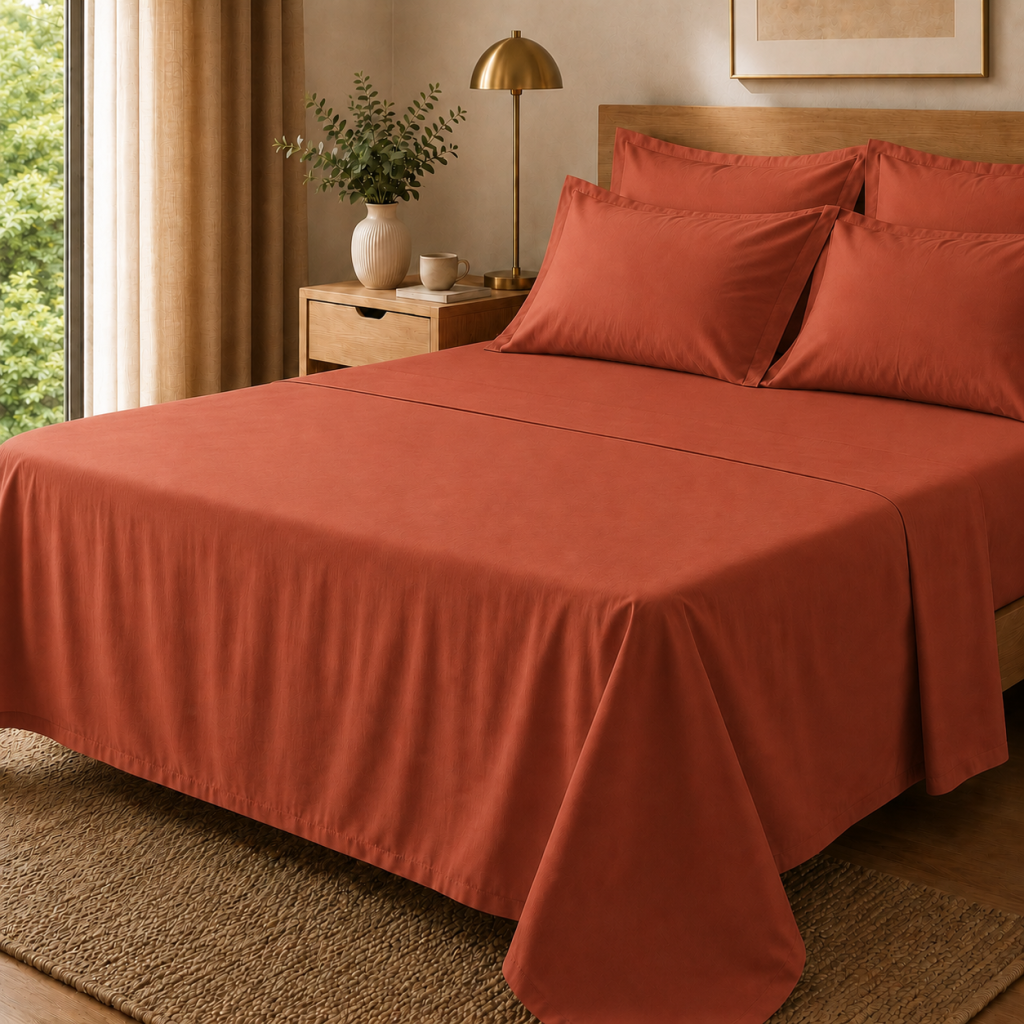 Drap Plat Percale 240 x 300 cm – Pur Coton Peigné Longues Fibres 80 Fils/cm² - Terracotta