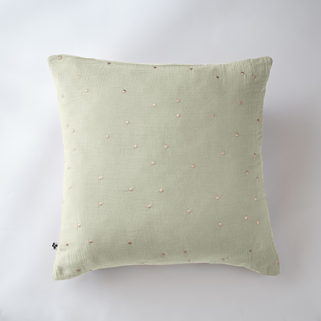 Taie d'oreiller gaze de coton brodée fil or 60 x 60 cm Gaia Chic Vert d'eau