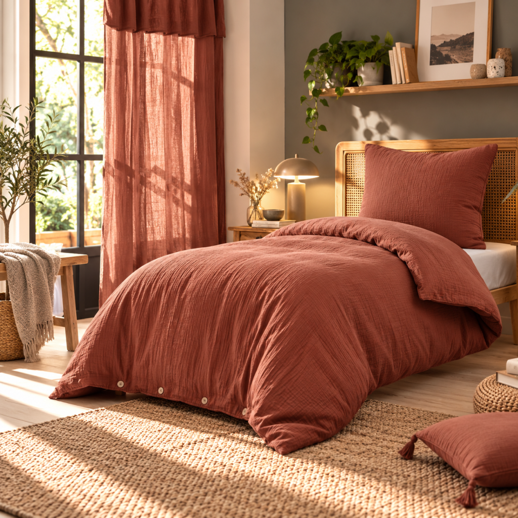 parure de lit 140 x 200 cm + drap housse 90 x 190 cm + 1 taie 60 x 60 cm double gaze de coton Terracotta