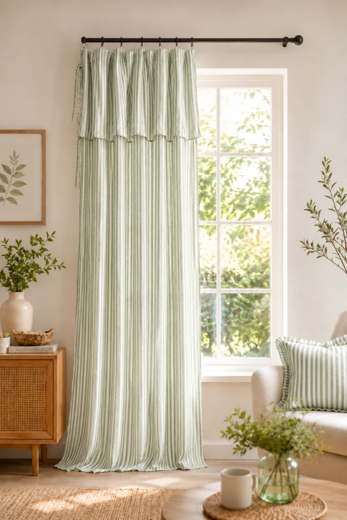 Rideau Ajustable Gaze de Coton 140 x 300 cm Eucalyptus avec 8 Anneaux – LIVIA