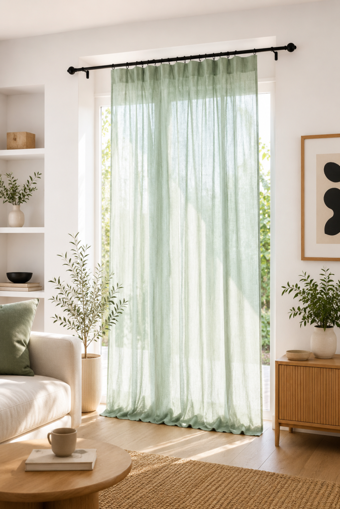 Rideau Ajustable Double Gaze de Coton 140 x 300 cm avec 8 Anneaux Pince GAÏA Vert d'eau – Hauteur Modulable