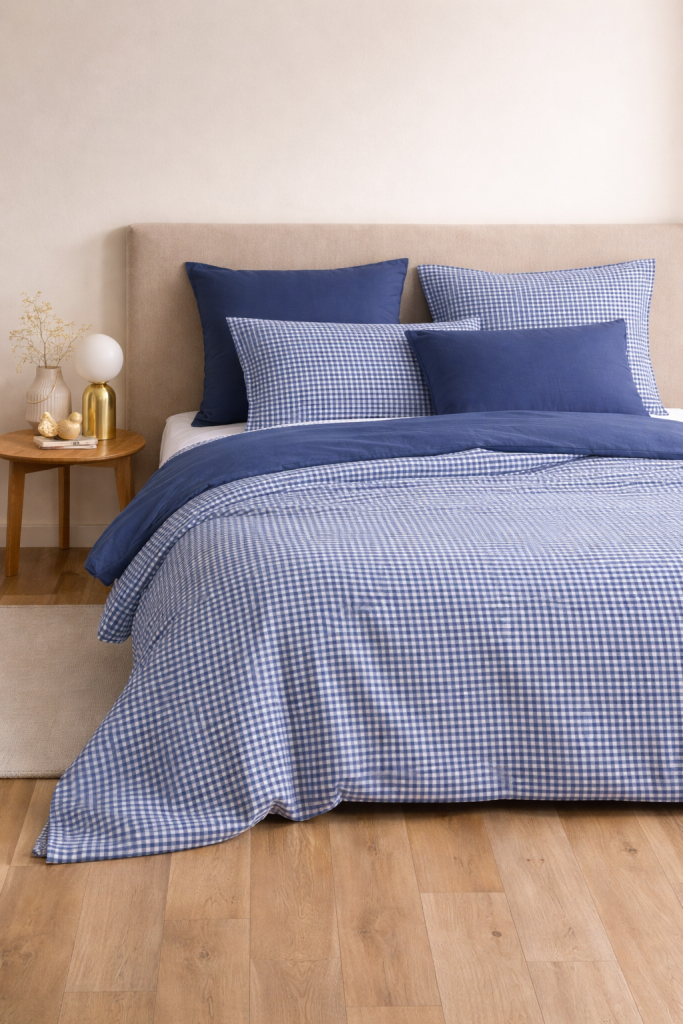 Pack linge de lit Gabrielle marine 220 x 240 cm – Housse de couette + Drap housse 140 x 190 cm + 4 taies – 100% coton 57 fils
