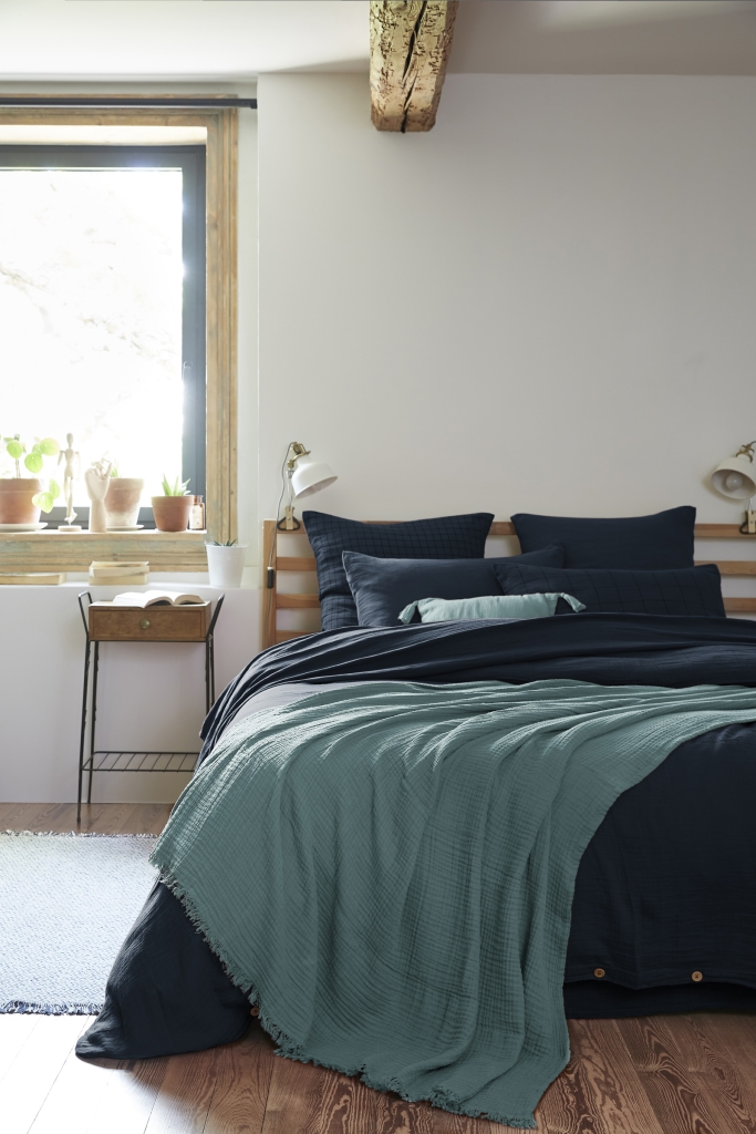 Plaid à franges 180 x 220 cm – Double gaze de coton GAÏA Bleu Canard