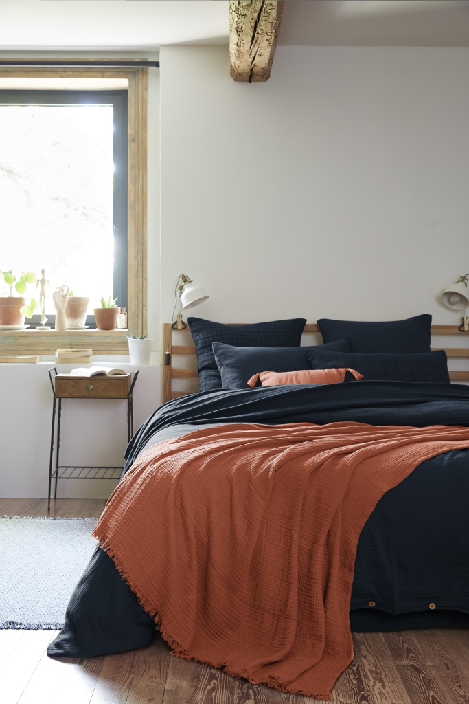 Plaid à franges 180 x 220 cm – Double gaze de coton GAÏA Terracotta