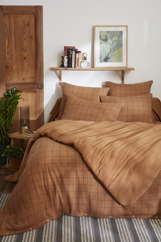Housse de couette réversible 140 x 200 cm – Gaze de coton tissée-teinte GAÏA MATCH – Camel